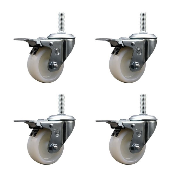 4 Inch Nylon Swivel 58 Inch Threaded Stem Caster Set with Total Lock Brake